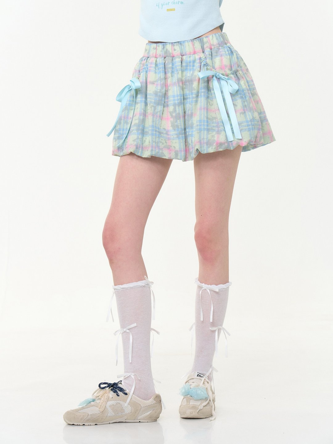 ziziFei夏季松紧腰设计感高腰显瘦蓝彩色蝴蝶结花苞格子半身裙女 - 裙子 - 其他材质 蓝色
