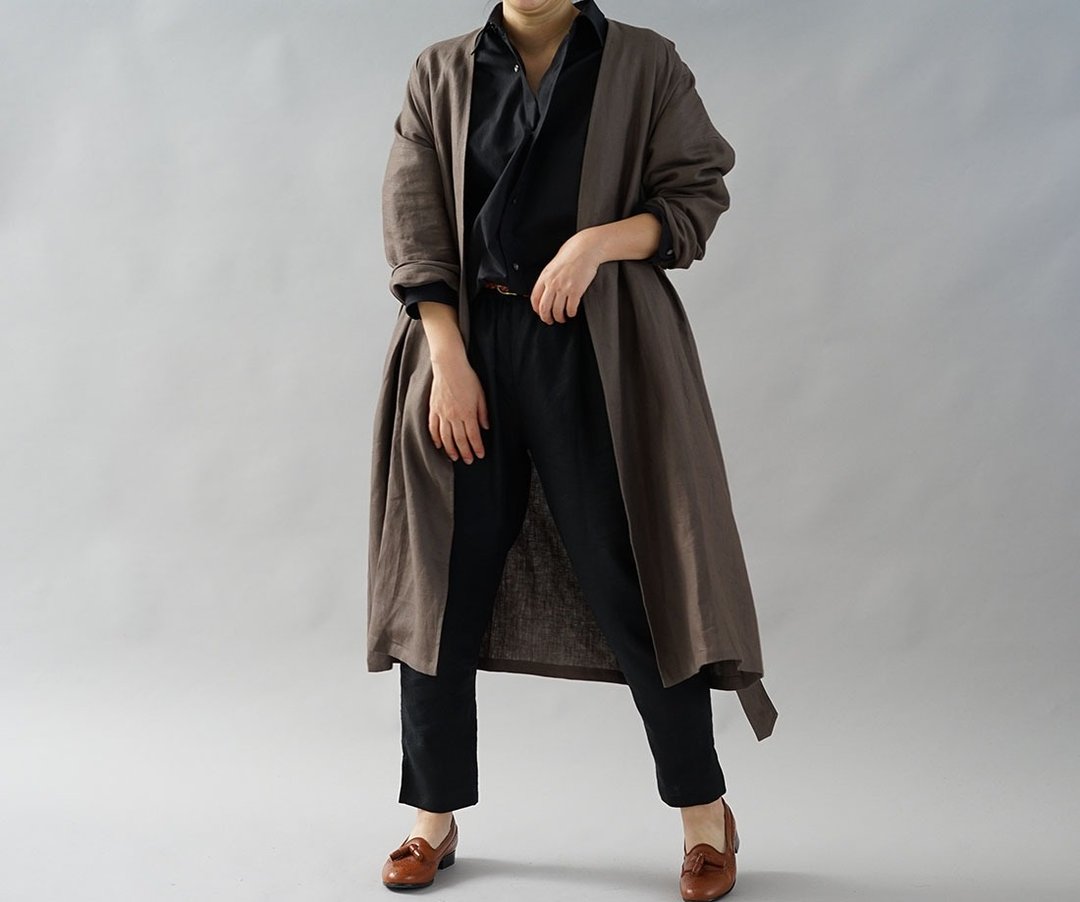 Belgian Linen Drop Shoulder Gown Coat / Vanderik Brown b22-25 - 女装休闲/机能外套 - 棉．麻 咖啡色