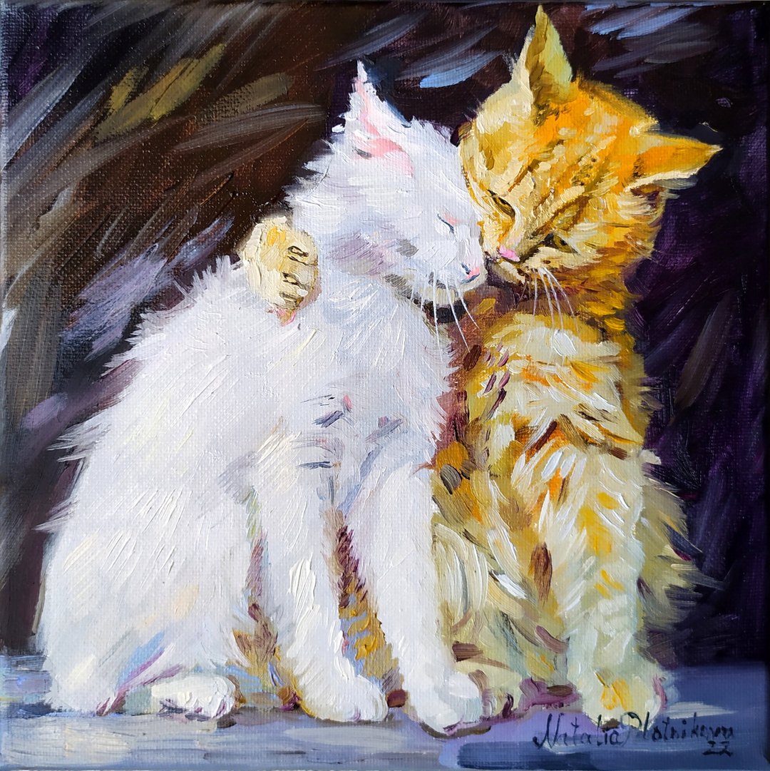 Cat painting Animal Original Art Red White Cats Artwork fine art oil painting - 海报/装饰画/版画 - 其他材质 咖啡色