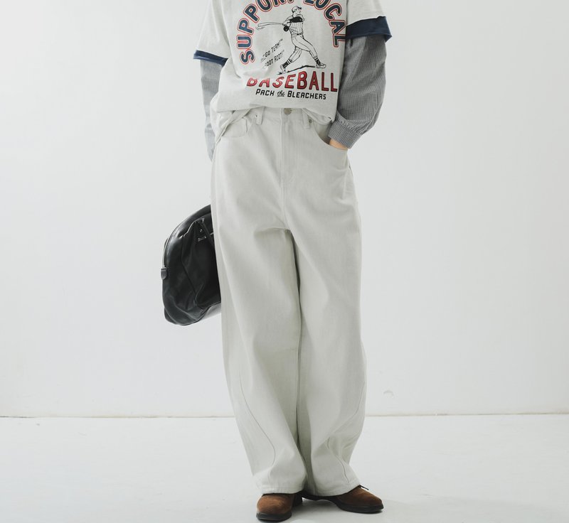 【高街时髦】法式复古/简约廓形/牛仔阔腿裤 - 女装长裤 - 棉．麻 白色