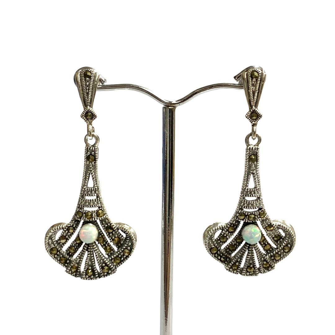 Art Deco Gilson Opal & Marcasite Drop Set Pendant & Earrings 925 Sterling Silver - 耳环/耳夹 - 纯银 银色