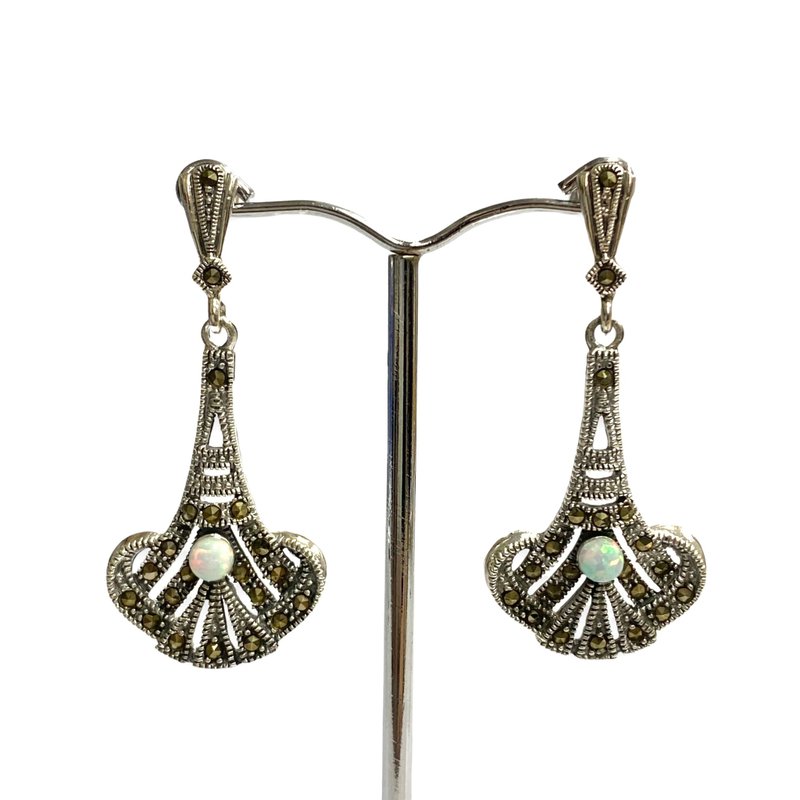 Art Deco Gilson Opal & Marcasite Drop Set Pendant & Earrings 925 Sterling Silver - 耳环/耳夹 - 纯银 银色
