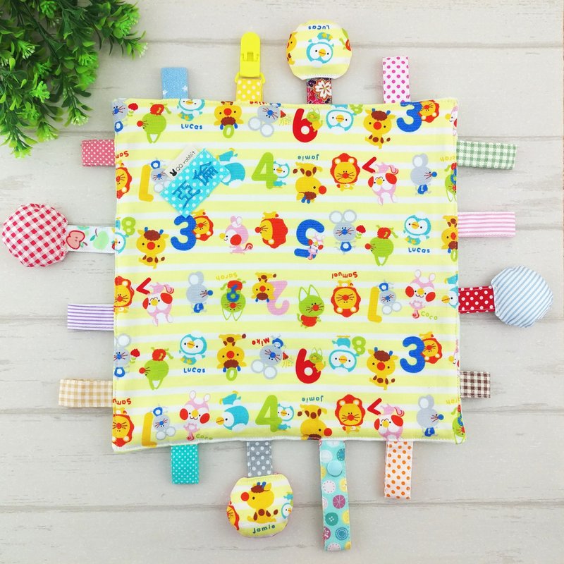 数字动物-9款可选。棉花球X棉布标签响纸安抚巾 (免费绣名字) - 满月礼盒 - 棉．麻 黄色