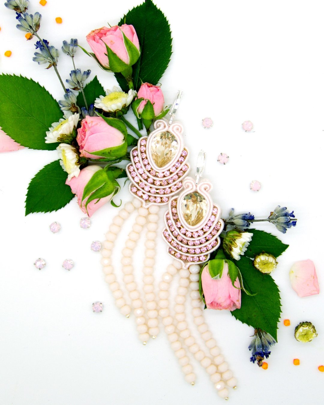 Earrings Long earrings with beaded tassel and Swarovski stonesChristmas Gift Wra - 耳环/耳夹 - 其他材质 粉红色