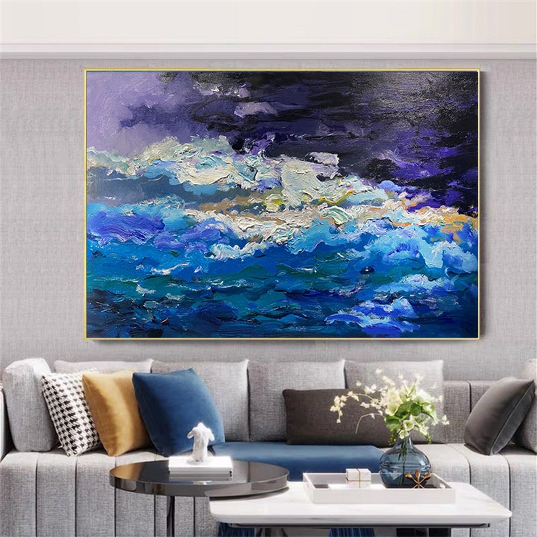 海上日出 海景肌理画/手绘丙烯抽象画/原创装饰画/客厅挂画/蓝色 - 海报/装饰画/版画 - 亚麻 蓝色