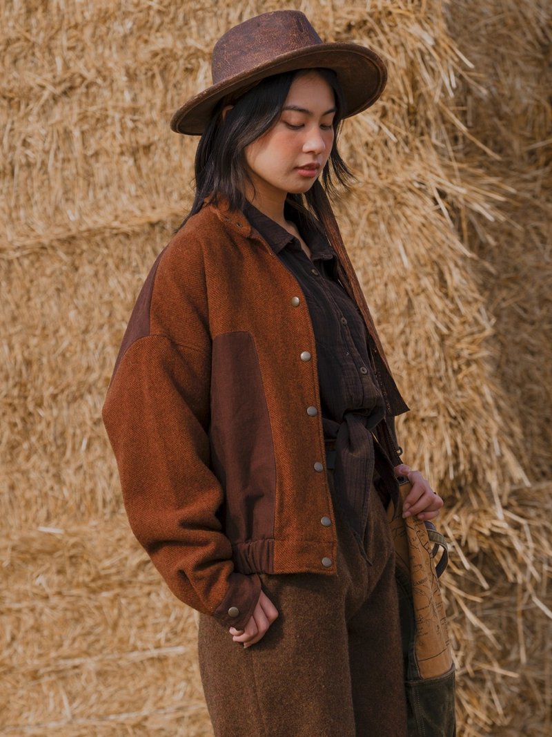 2顔色 秋冬羊毛棉拼片外套 立領短款復古開衫外套 - 女装休闲/机能外套 - 羊毛 咖啡色