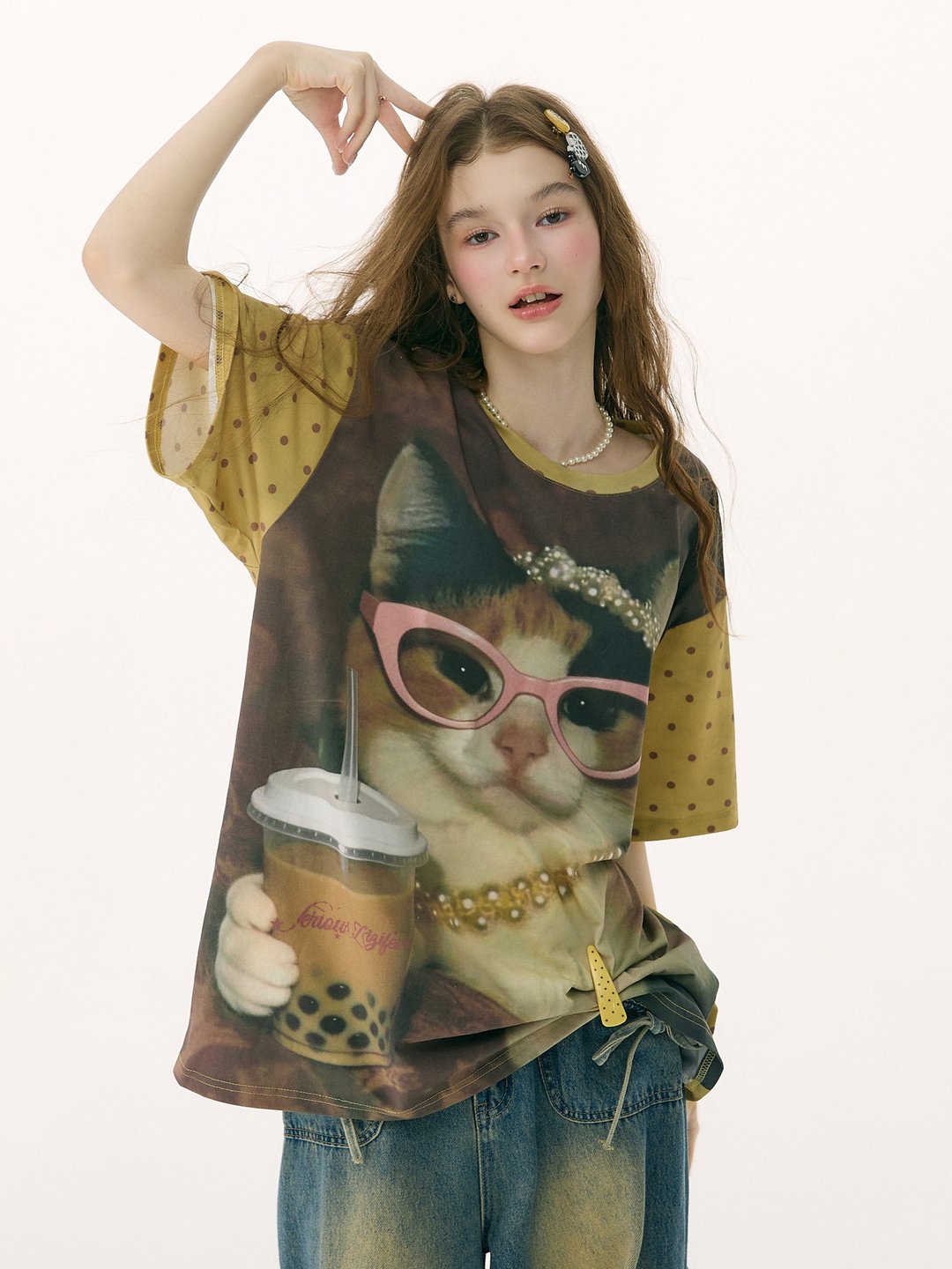 ziziFei''奶茶猫''夏季复古做旧猫咪印花黄色圆领宽松短袖大t恤女 - 女装 T 恤 - 其他材质 黄色