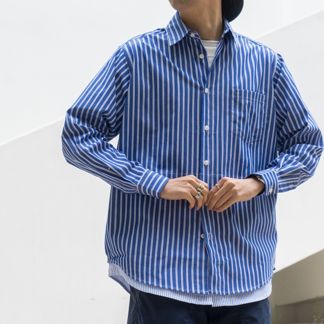 SHIRTS 日系宽松休闲条纹长袖衬衫 層次下擺拼接設計 cityboy - 男装衬衫 - 棉 蓝色