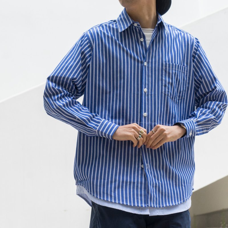 SHIRTS 日系宽松休闲条纹长袖衬衫 層次下擺拼接設計 cityboy - 男装衬衫 - 棉．麻 蓝色