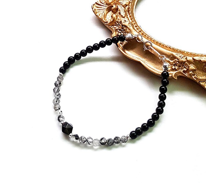 渐层能量水晶系列-好运势消除负能量 黑曜石x黑发晶 925纯银手链 - 手链/手环 - 水晶 黑色