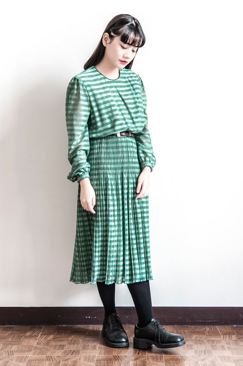 Vintage 青碧色古着长袖洋装 - 洋装/连衣裙 - 聚酯纤维 绿色