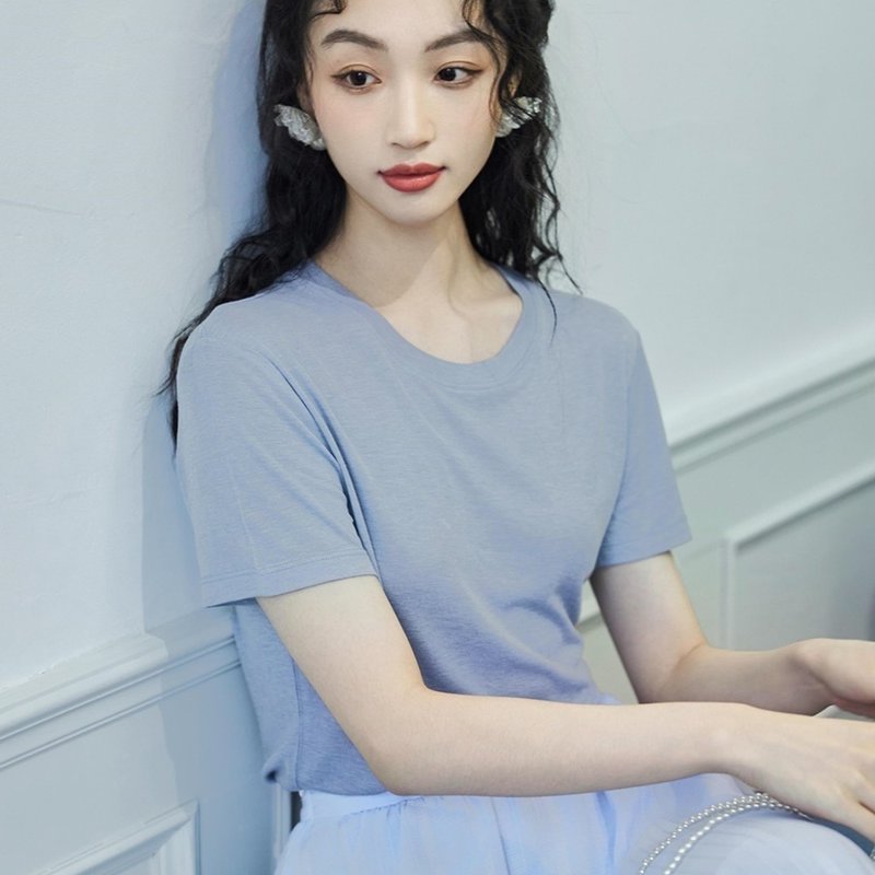 天丝羊毛简约纯色T恤 多色百搭 夏天穿轻薄凉爽圆领短袖女版上衣 - 女装 T 恤 - 羊毛 多色