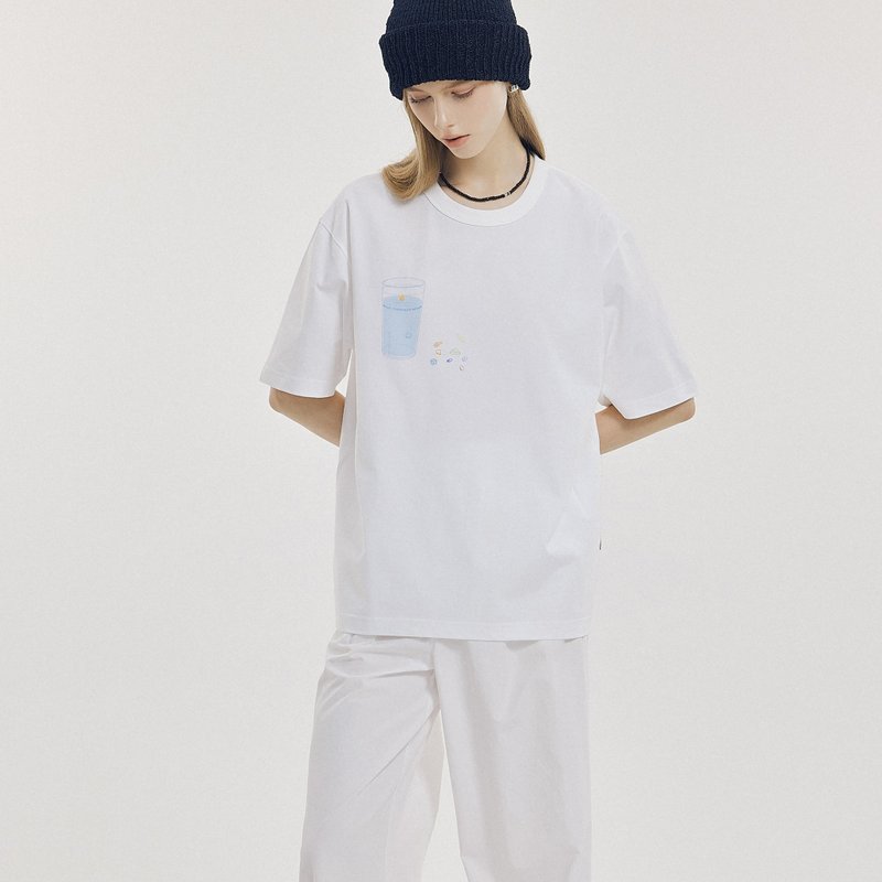 水杯药丸数码印花 宽松圆领T恤纯棉TEE - 中性连帽卫衣/T 恤 - 棉．麻 白色