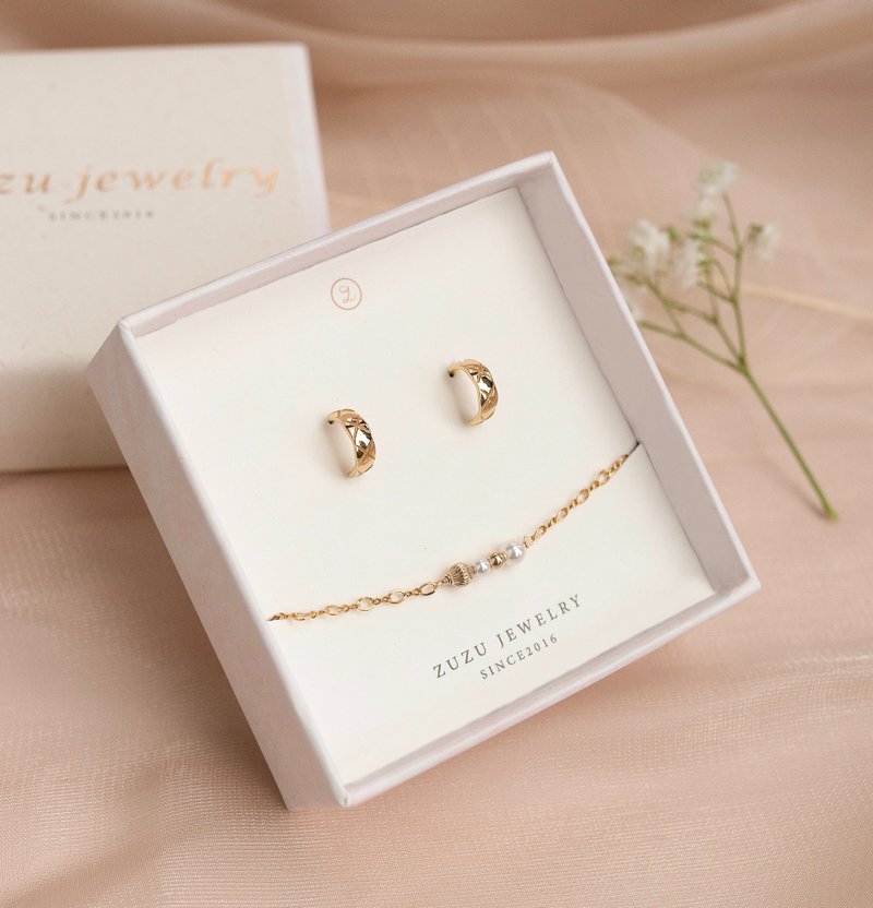 情人节礼物 复古罗纹 耳环手链礼盒组 925纯银 - 手链/手环 - 纯银 金色