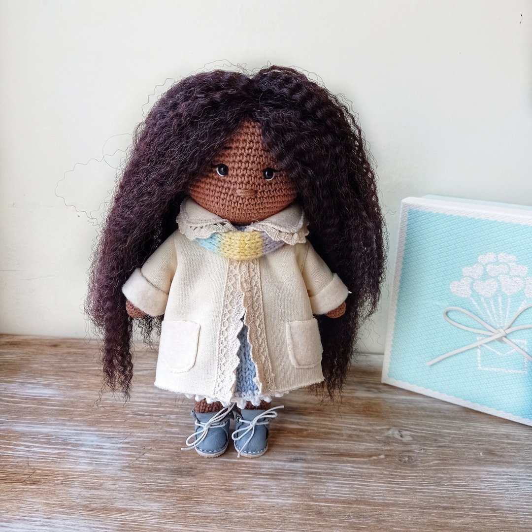 Dark skin African American doll in blue dress and milky coat - 玩具/玩偶 - 棉 蓝色