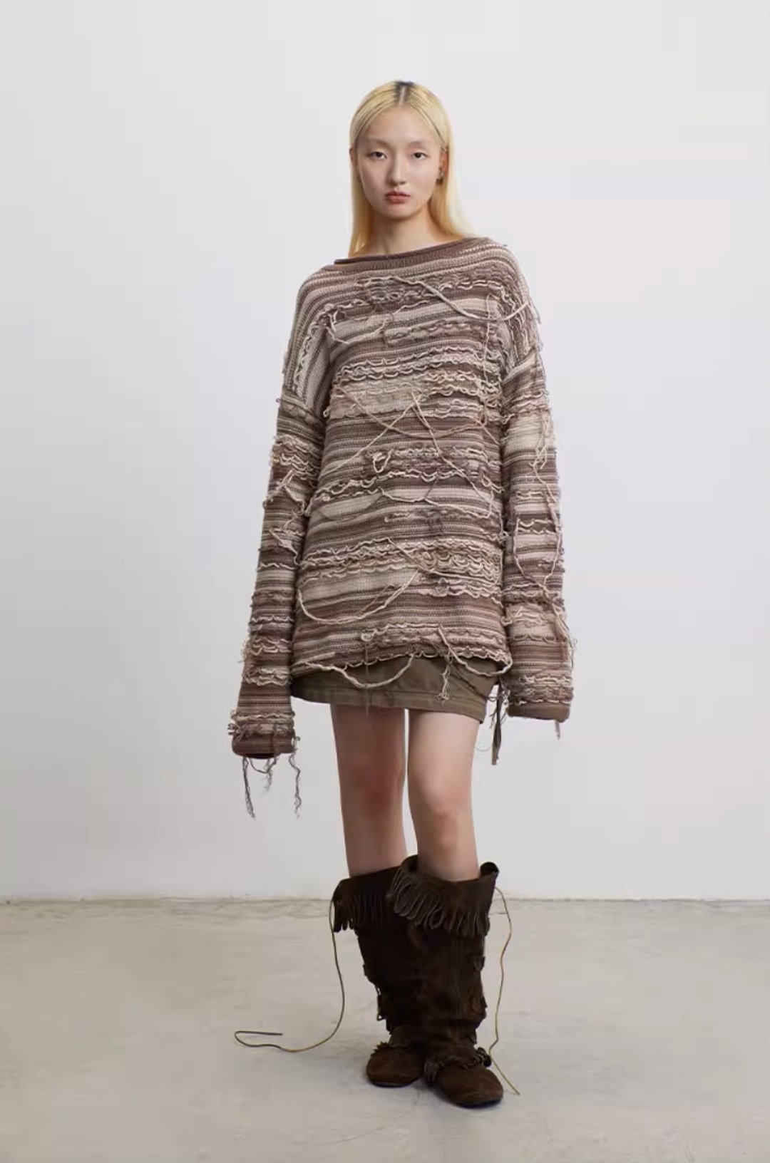 Tassel Sweater 手工流苏不规则条纹毛衣 - 女装针织衫/毛衣 - 其他材质 咖啡色