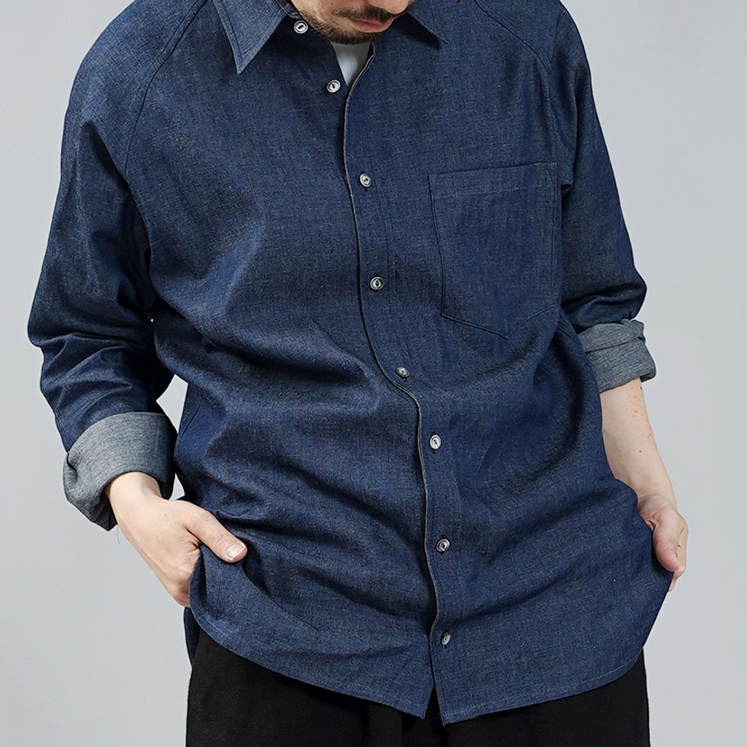 wafu --襯 衫 Men Midweight Linen Denim Shirt / Indigo t035d-ind2 - 女装上衣 - 棉 蓝色
