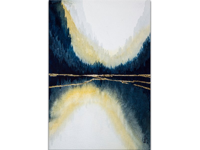 Autumn Landscape Painting Abstract Watercolor Original Art Dark Blue Forest - 海报/装饰画/版画 - 纸 蓝色