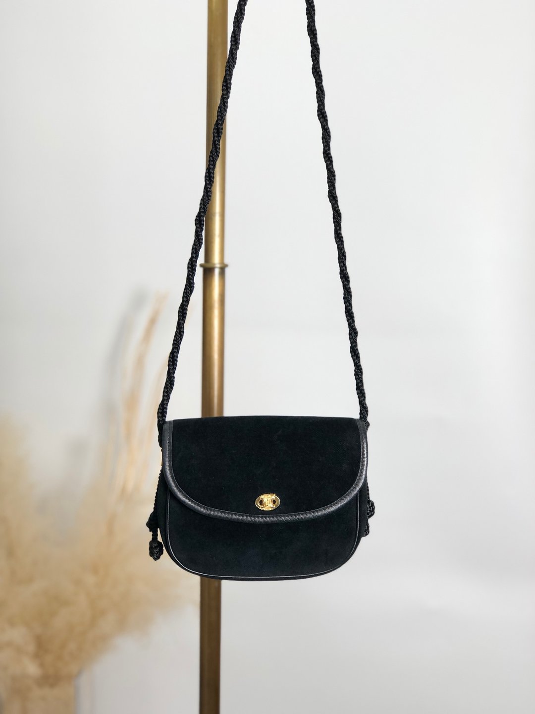 【日本直送 名牌中古包】CELINE 赛琳 黑色 罗马字 Logo 流苏 丝绒 迷你包 vintage 复古 55w28w - 侧背包/斜挎包 - 棉 黑色