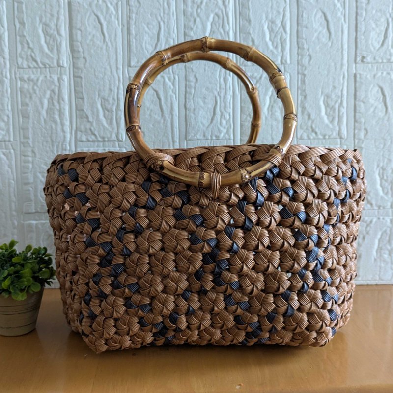 栗子色花结竹节提把大容量篮子包 纸绳制 外出 午餐 聚餐 旅行 学习 自然 环保 日式现代 风格 传统工艺 - 手提包/手提袋 - 纸 咖啡色