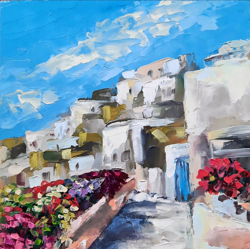 Greece Painting Cityscape Original Oil Painting Small Wall Art Impasto Painting - 海报/装饰画/版画 - 木头 蓝色