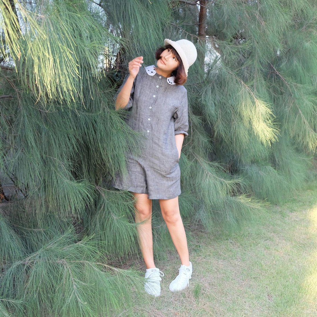 Polar Bear Collar - Linen Playsuit - 背带裤/连体裤 - 棉 灰色