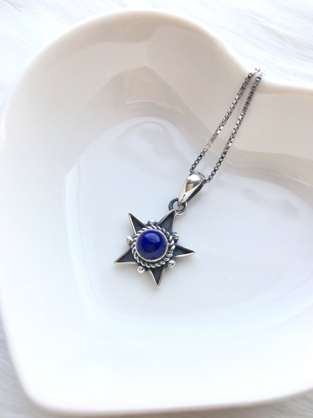 青金石925纯银星芒设计项链 尼泊尔手工银饰 - 项链 - 宝石 银色