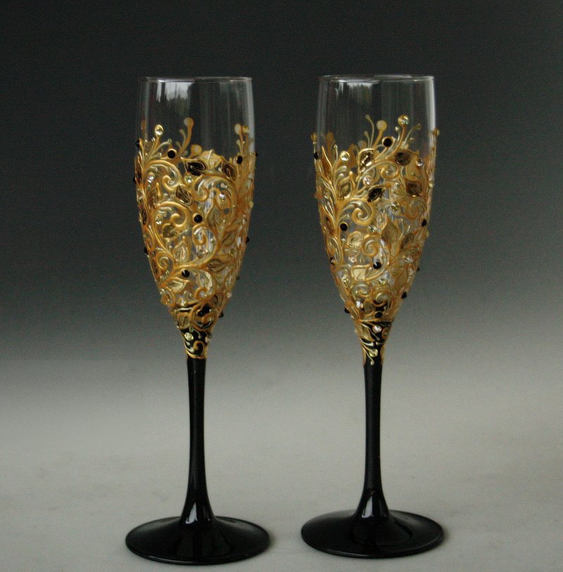 Gold and Black Champagne Wedding Glasses Anniversary, Hand Painted, Set of 2 - 酒杯/酒器 - 玻璃 金色