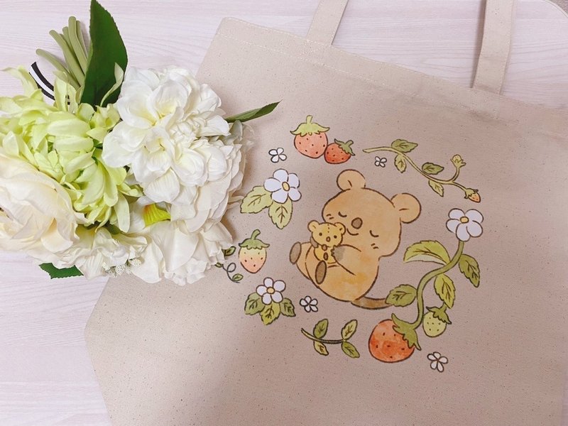 短尾矮袋鼠草莓花圈帆布托特包 - 手提包/手提袋 - 其他材质 卡其色