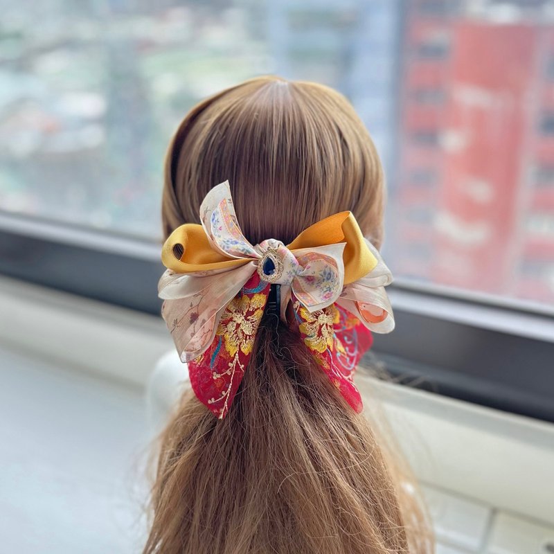 印花纱蕾丝蝴蝶结相交夹香蕉夹仙女夹发夹-亮黄色+金色 - 发饰 - 其他材质 橘色