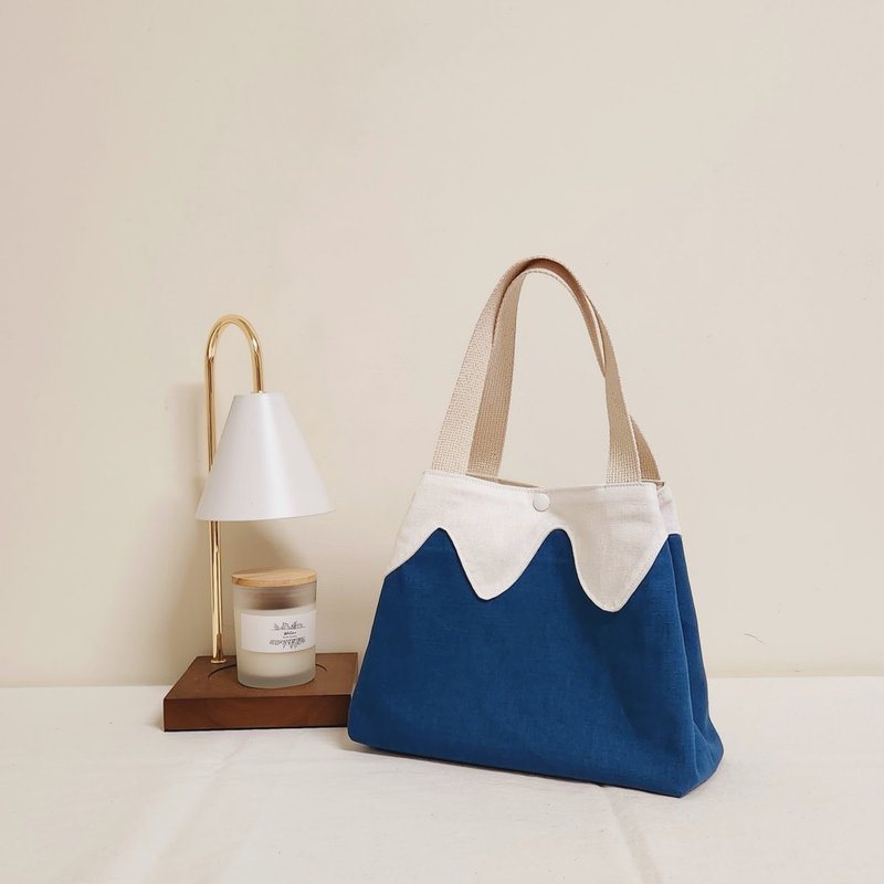 藏青色富士山手提斜背两用包-无附赠背带 - 手提包/手提袋 - 棉．麻 