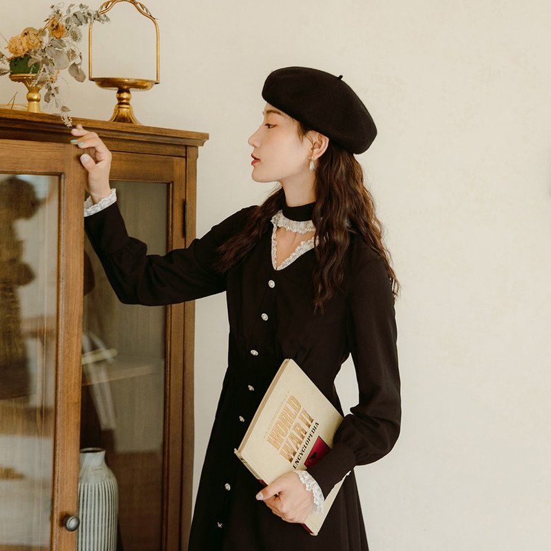 复古法式小黑裙收腰赫本风长袖连衣裙高腰裙洋装 - 洋装/连衣裙 - 丝．绢 