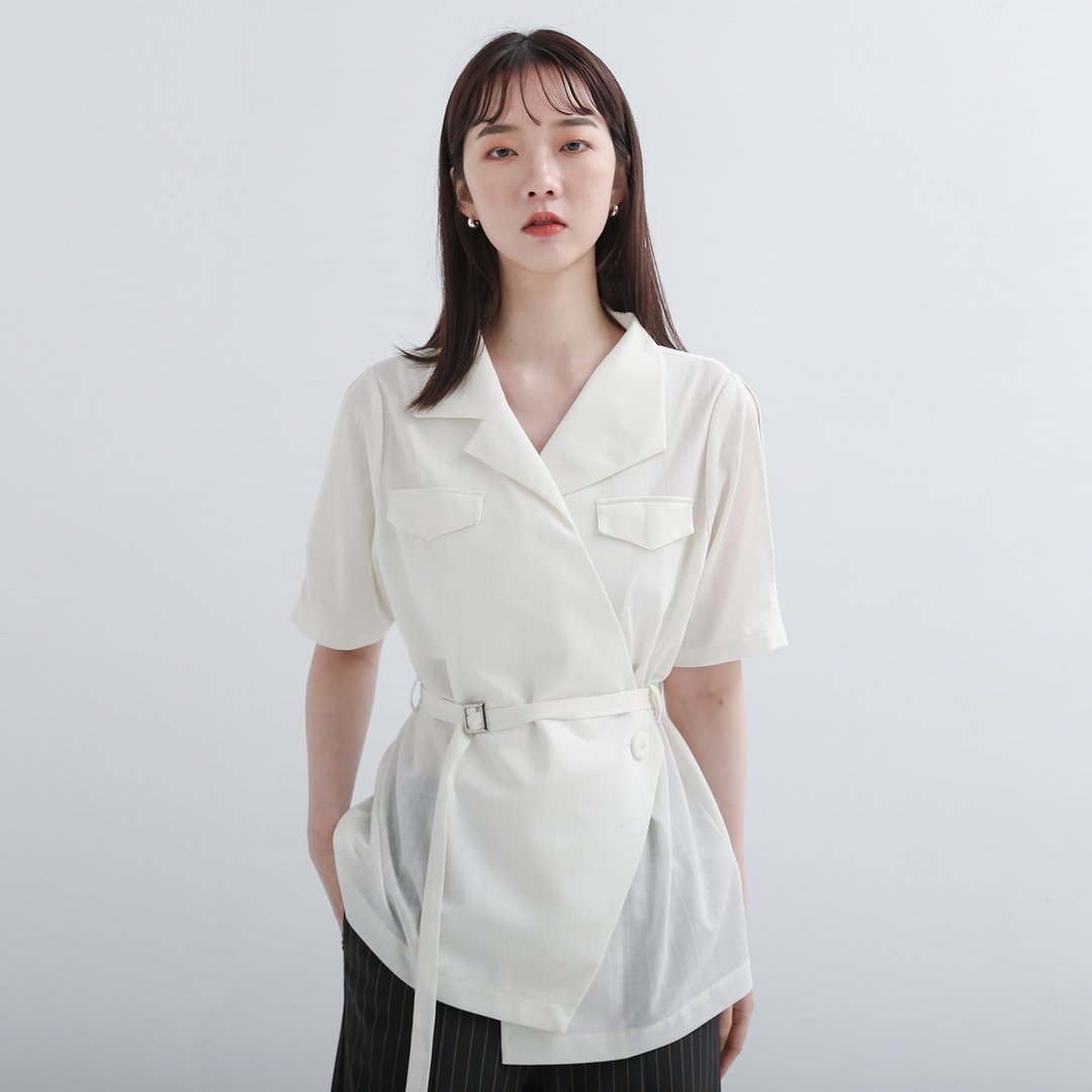 Jiegou_解构不对称西装上衣_22SF004_白格 - 女装上衣 - 聚酯纤维 白色