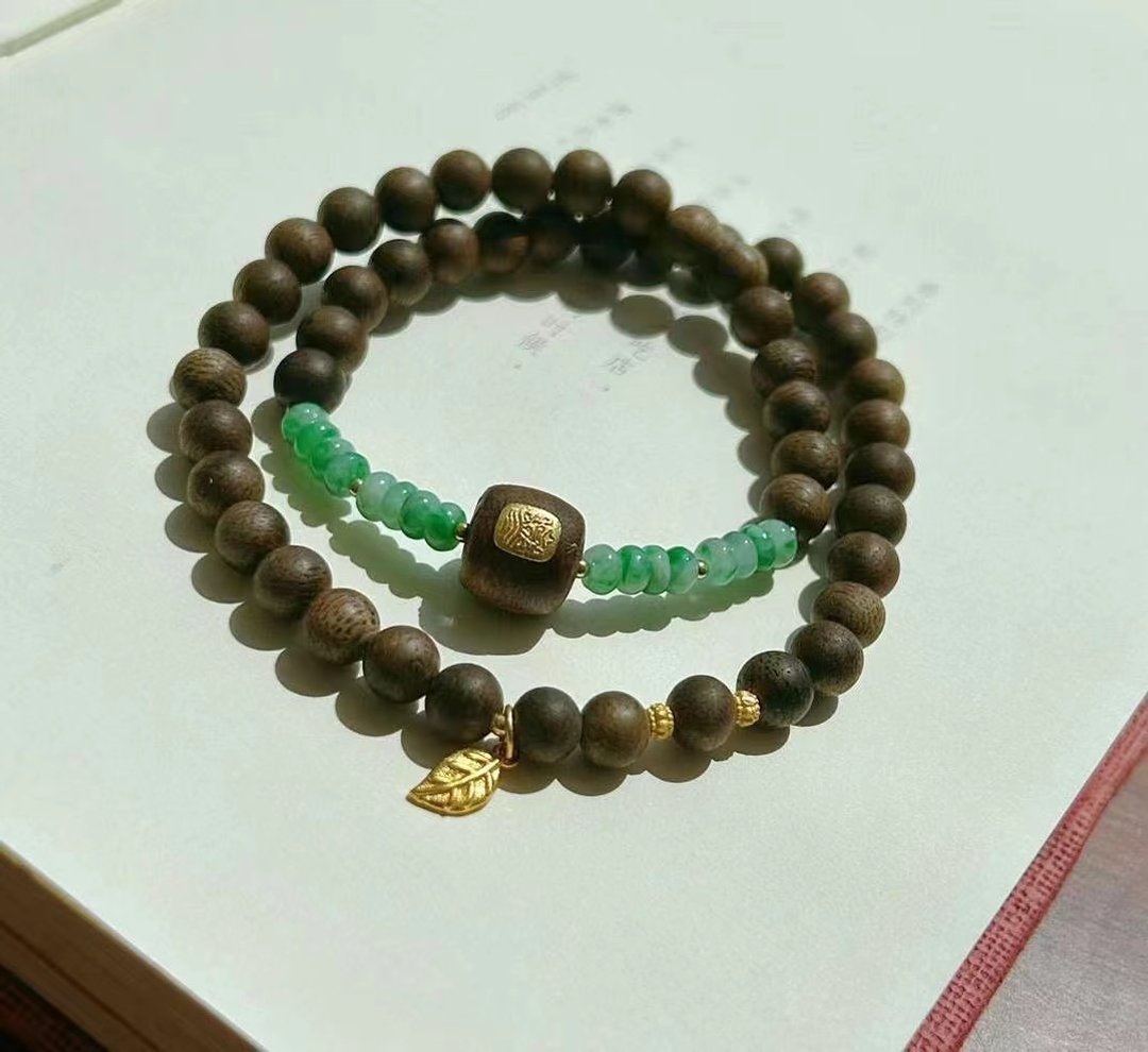天然沈香珠/沉香珠 古法银镶扎基拉姆翡翠盘珠设计单圈手串s - 手链/手环 - 木头 咖啡色