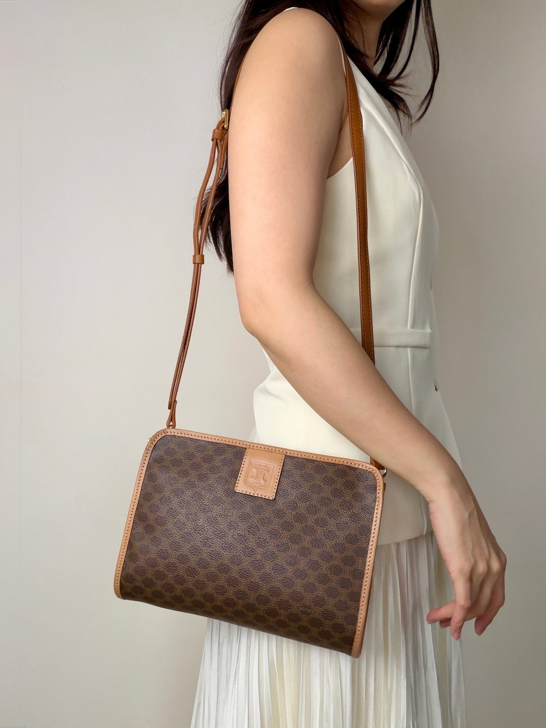 中古名牌 Celine Macadam 化妆包 手拿包 侧背包 斜背包 正品 - 侧背包/斜挎包 - 防水材质 咖啡色