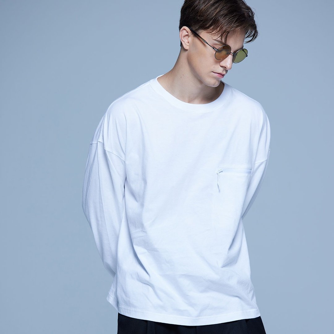 Stone As Relax Fit Long Sleeves Tee / 罗马布圆领口袋T-shirt - 男装上衣/T 恤 - 棉 白色