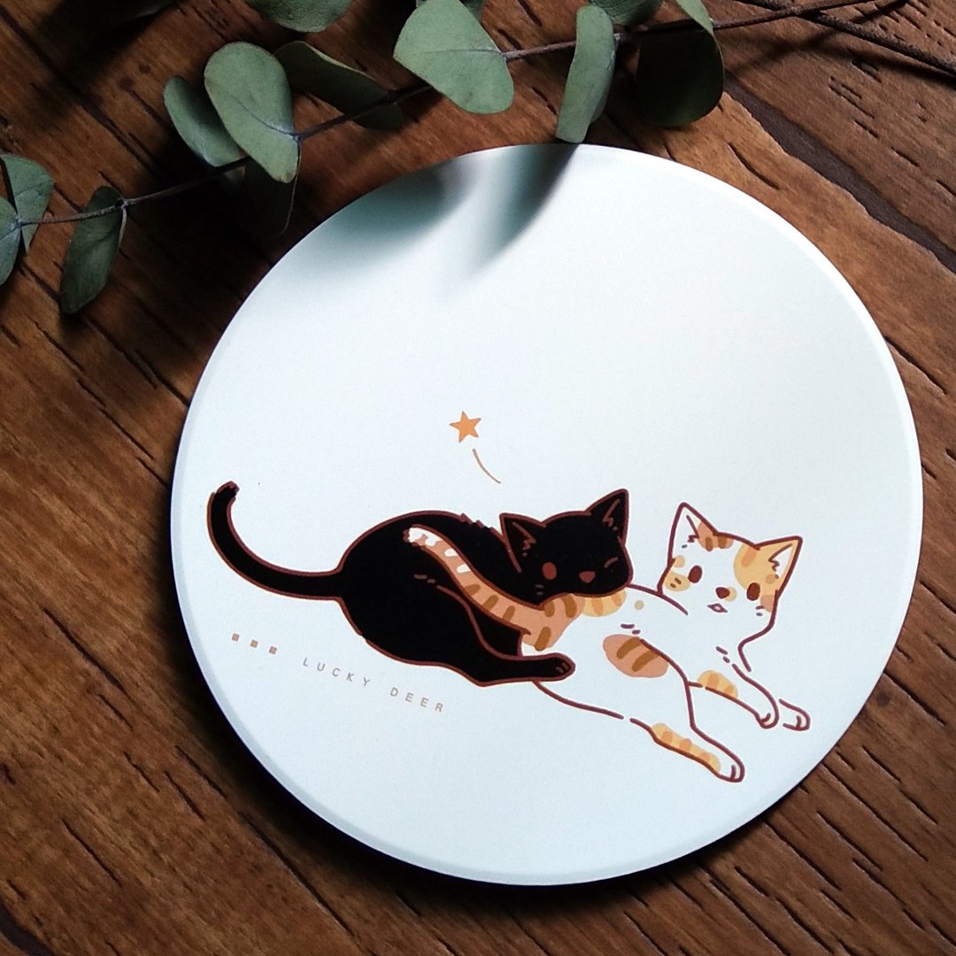 吸水陶瓷杯垫//黑猫与三花 - 杯垫 - 陶 白色