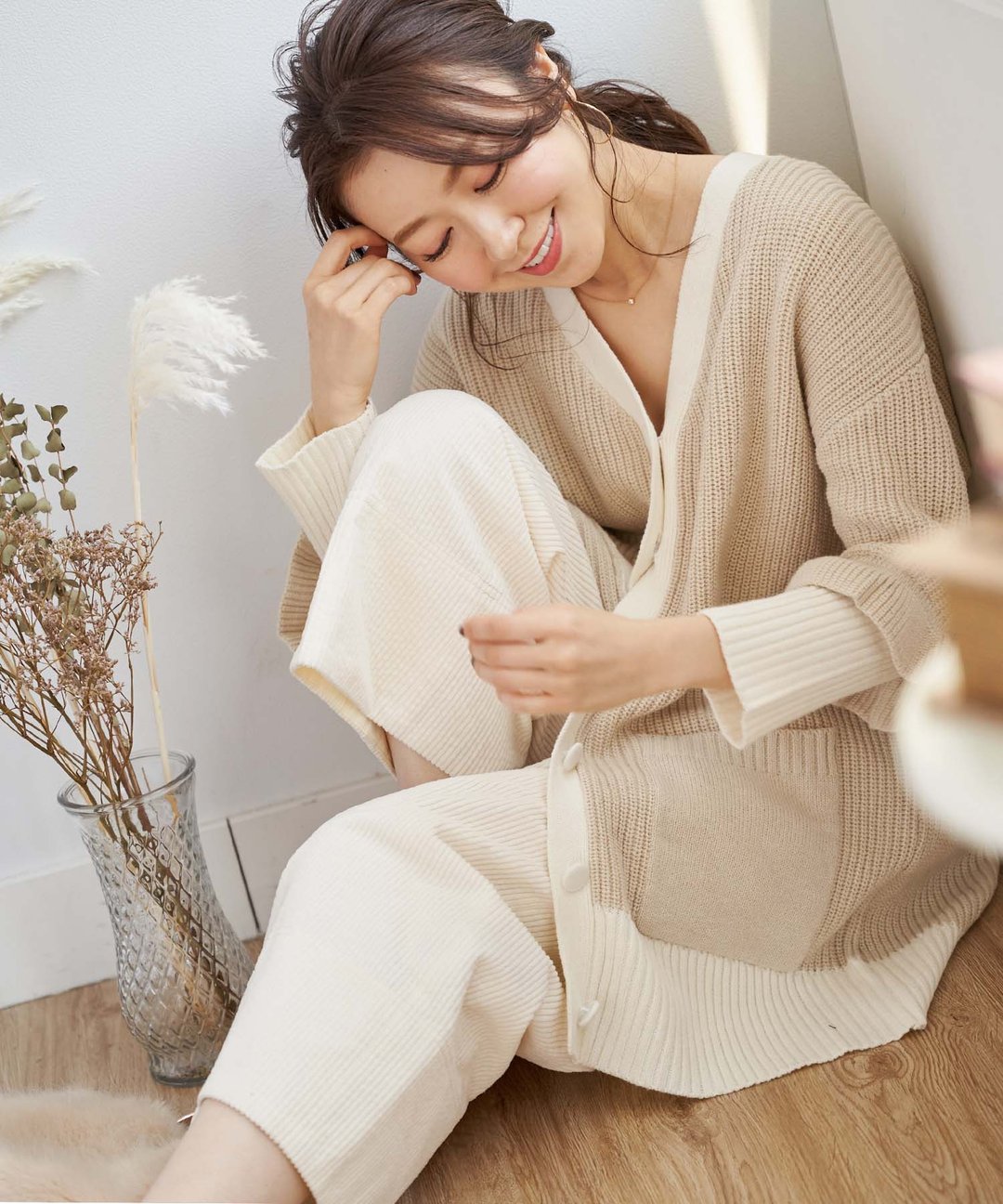 Cardigan knit middle length bicolor / and Cherim - 女装针织衫/毛衣 - 棉 卡其色