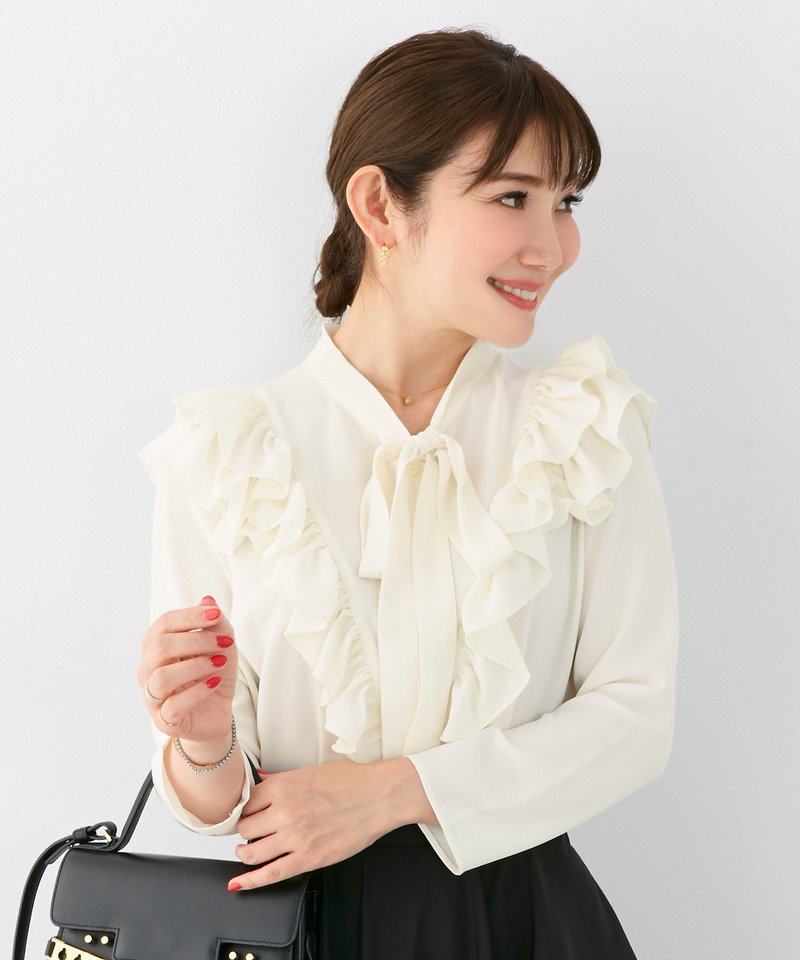 Blouse Frilled bowtie 9-quarter sleeve / Liala x PG - 女装衬衫 - 棉．麻 蓝色