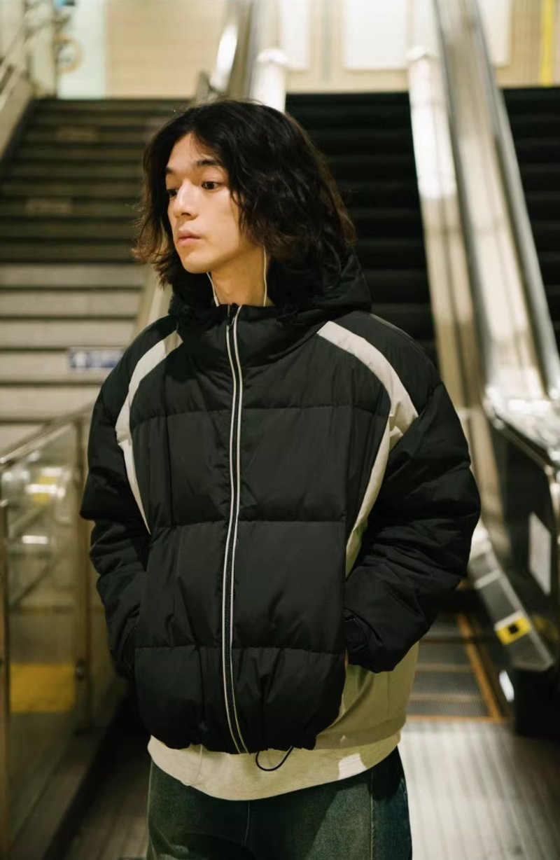 摇滚青年 日系复古夹克外套 撞色连帽棉衣 - 男装外套 - 其他材质 黑色