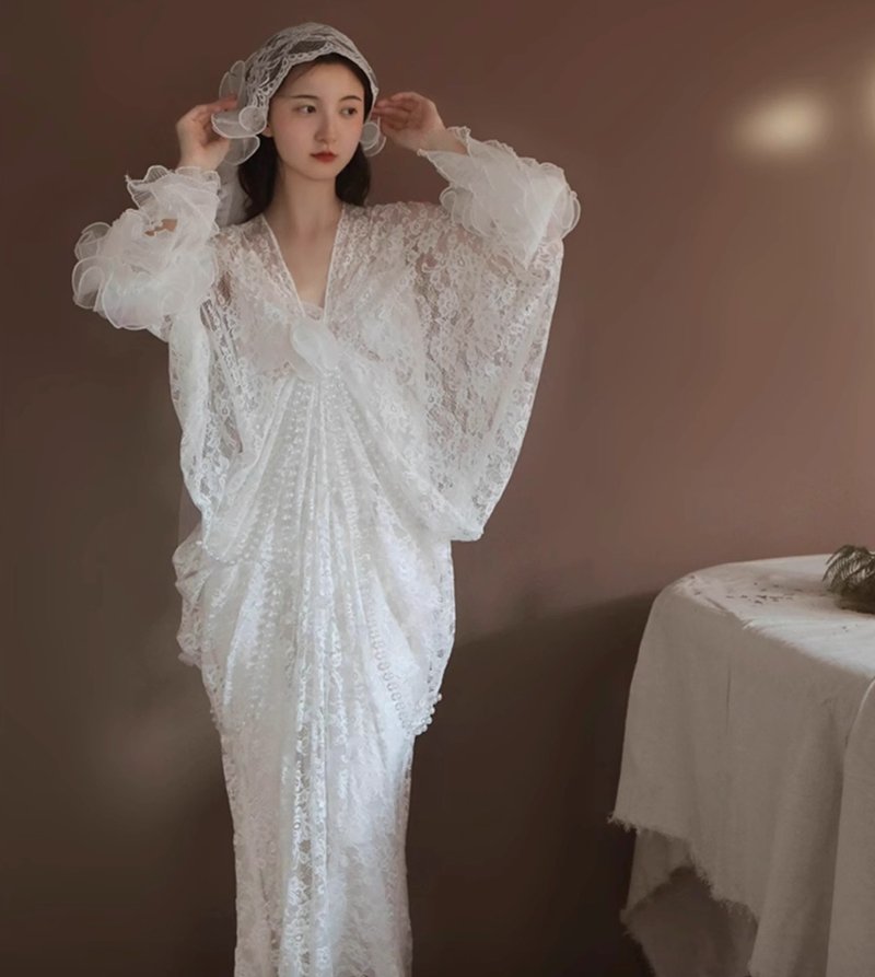 法式复古 新娘结婚蕾丝礼服 - 晚装/礼服 - 丝．绢 白色
