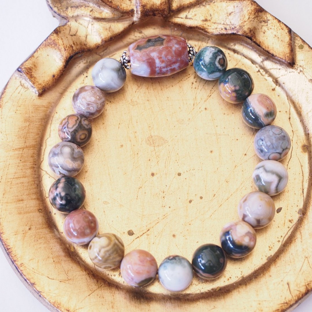 多色 海洋碧玉 鱼卵海洋石 纯银手环 Multi color ocean Jasper - 手链/手环 - 水晶 多色