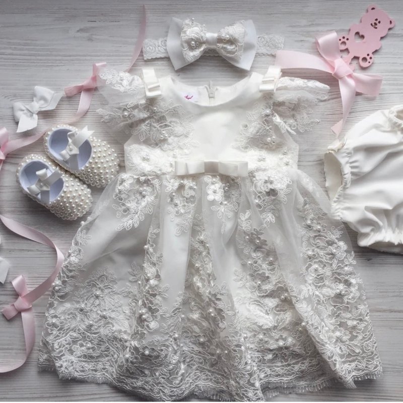 Ivory dress with pearl, headband, panties and shoes for baby girl - 童装礼服/连衣裙 - 其他材质 