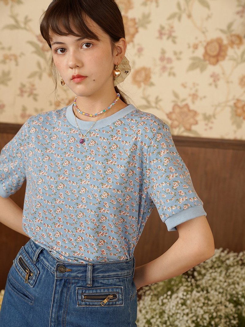 MintCheese独立设计 法式少女 复古灰蓝色玫瑰小碎花宽松tee - 女装 T 恤 - 其他人造纤维 蓝色