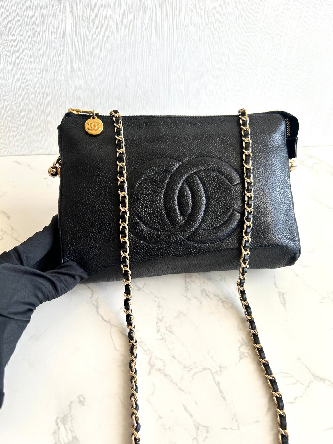 中古包 Chanel 黑色鱼子酱皮革斜背包 单肩包 侧背包 二手包 古董包 - 侧背包/斜挎包 - 真皮 黑色