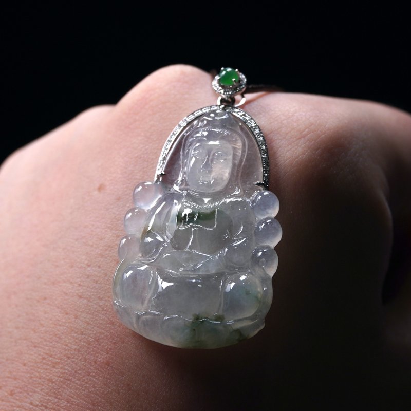 玻璃种飘花翡翠观音菩萨项链18K金钻石 | 天然缅甸翡翠A货 | 送礼 - 项链 - 玉石 多色