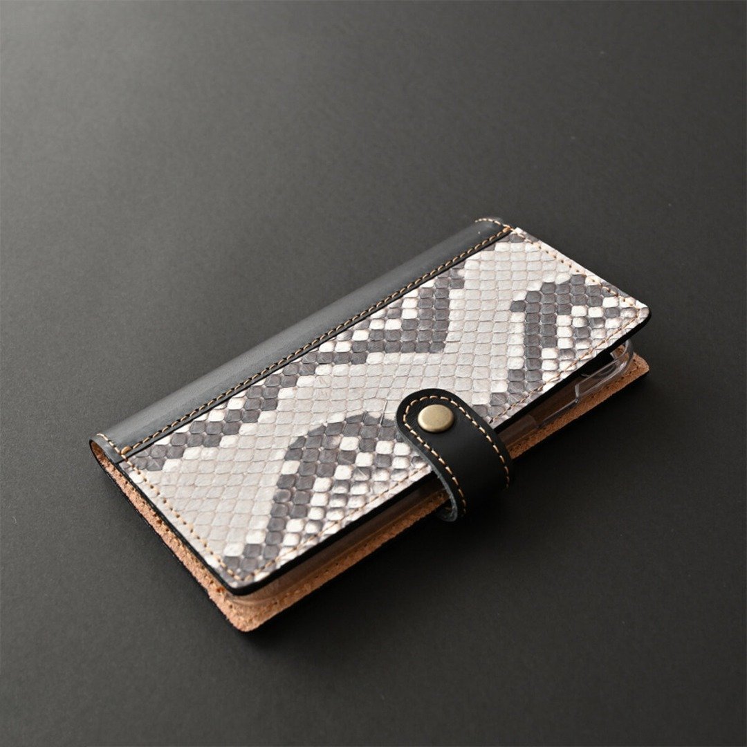 Smartphone Case Compatible with All Models Two-Tone [Italian Leather x Diamond Python] Leisure Birthday Gift Present Men's Father's Day AD02M - 手机壳/手机套 - 真皮 黑色