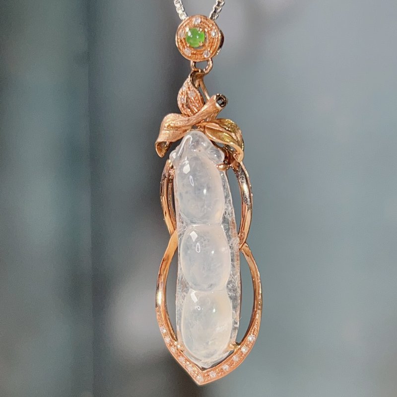 【福寿】冰种翡翠福豆吊饰 18K金镶嵌 | 天然缅甸玉A货翡翠 |送礼 - 吊饰 - 玉石 透明