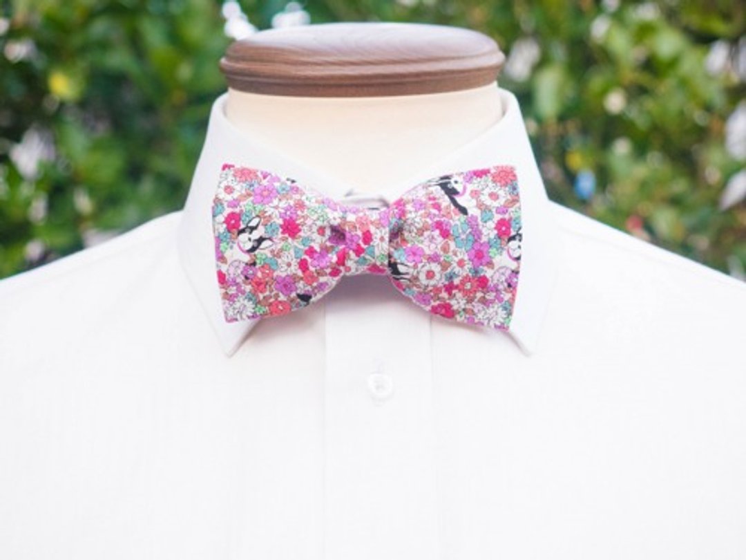 TATAN dog and floral bow tie (pink) - 领结/领巾 - 棉 粉红色