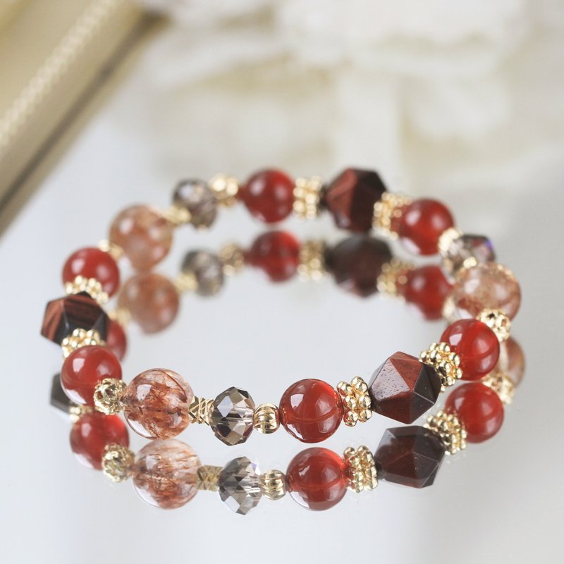 黑金超七 红玛瑙 红虎眼 茶晶 水晶手链 招财 健康 - 手链/手环 - 水晶 红色